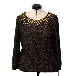 Women's Black Embellished Scoop-Neck Metallic Pullover Sweater by Ruby Rd, SZ XL